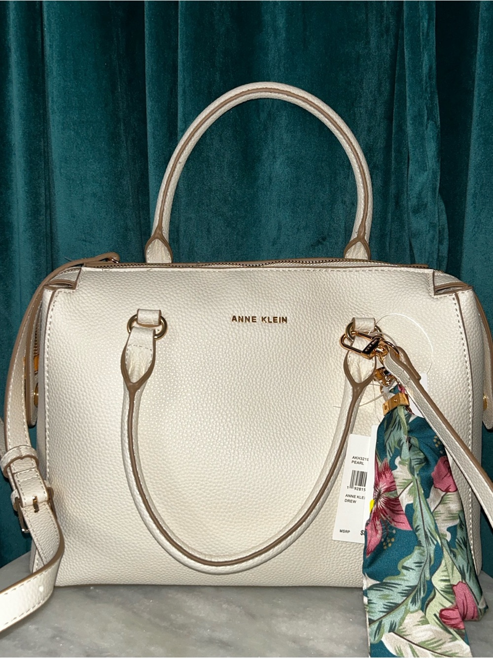 Anne Klein Ivory Pebbled Dome Satchel with Floral Scarf